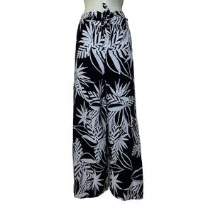 Mamu Black White Palm Wide Leg Wrap Palazzo Swim Cover Split Pants Women's M